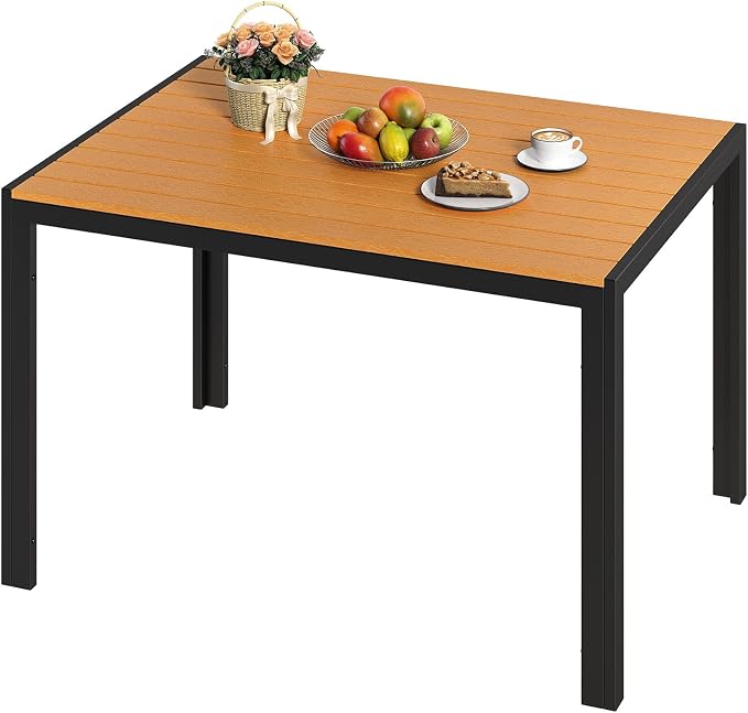 TLSUNNY Outdoor Dining Table 43×28in，Rectangle Patio Dining Table with Aluminum Frame & WPC Tabletop, Weather Resistant, Ideal for Patio, Garden, Porch, Brown