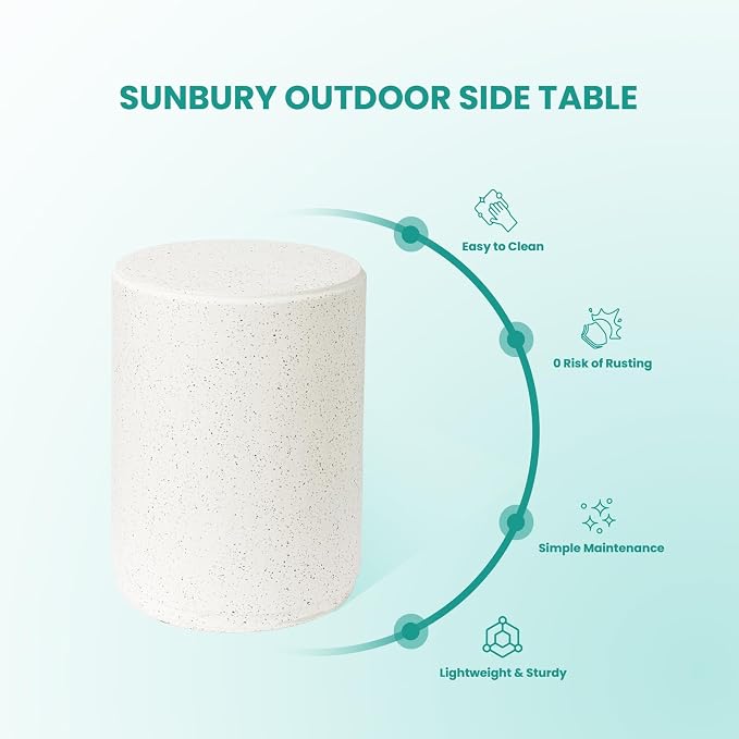 SUNBURY Outdoor Concrete Side Table, 20" H Outdoor End Tables, Cement Accent Table for Patio, Round Modern Garden Small Garden Stool for Patio, Backyard, Spotted White