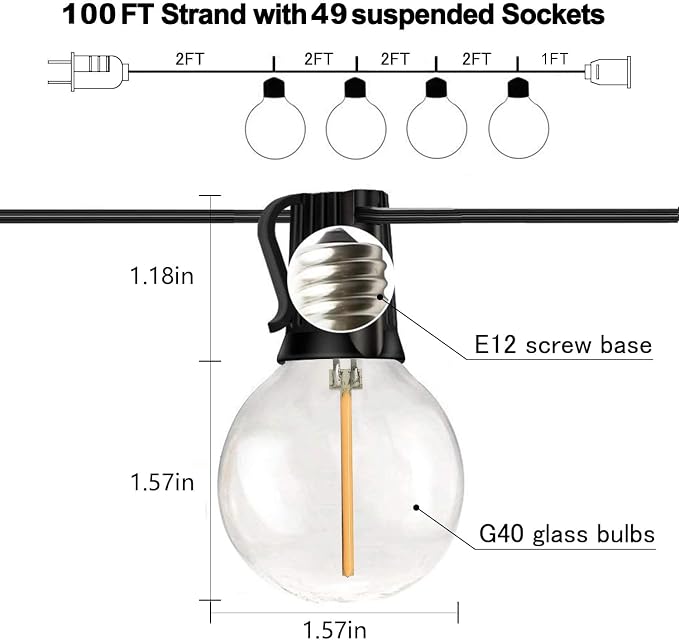 100FT G40 Globe String Lights, 2700K LED Outdoor Patio Lights String with 50 Dimmable Shatterproof Bulbs, Waterproof Connectable Hanging Lights for Backyard Porch Balcony Party, E12 Socket Base