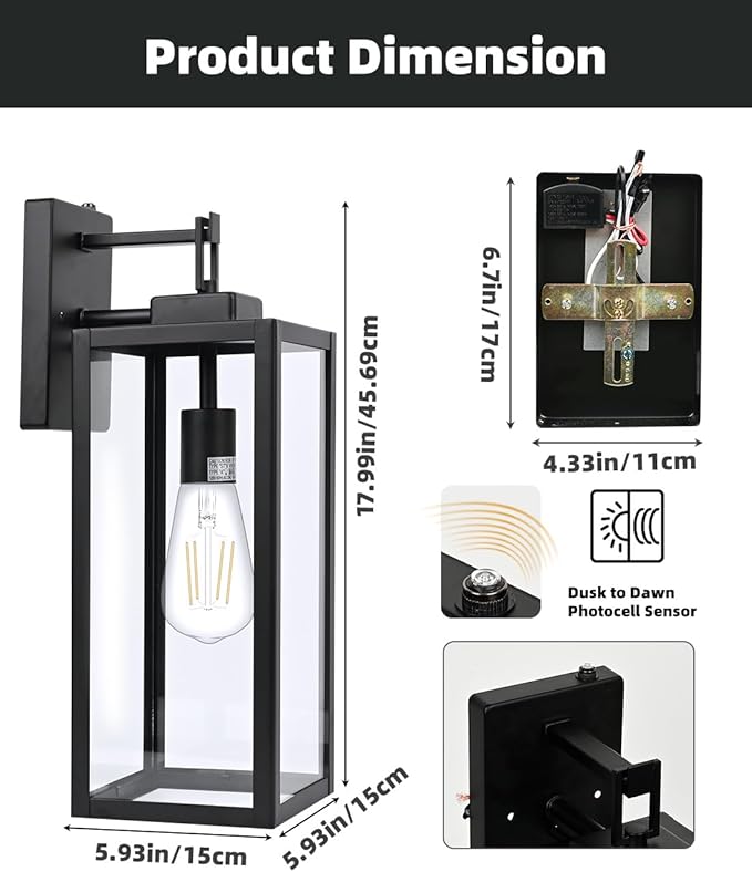 2 Pack Large Size Outdoor Wall Lights Dusk to Dawn, 18 Inch Wall Lantern Set for Two Photocell Wall Sconce for Porch Light, Exterior Garage Light, Patio Outdoor Lighting with Sensor