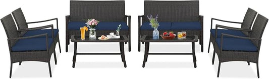 Tangkula 8 Pieces Outdoor Conversation Set, Patio PE Wicker Sofa with Tempered Glass Coffee Table, Soft Seat Cushions Included, Modern Rattan Chair Table Set for Porch, Backyard (2, Navy)