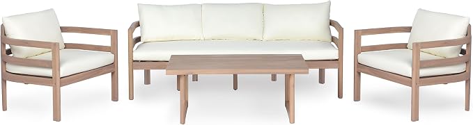 Christopher Knight Home Alger 5-Seater Patio Furniture Set with Removable Cushion, 4 Piece Outdoor Acacia Wood Conversation Set, Wooden Outdoor Sectional Sofa Set with Coffee Table, Light Teak+Beige