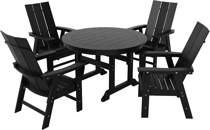WestinTrends Ashore 5 Pieces Adirondack Outdoor Dining Set, All Weather Poly Lumber Slatted Modern Farmhouse Patio Furniture Set, 47" Trestle Round Table and 4 Adirondack Dining Chair, Black