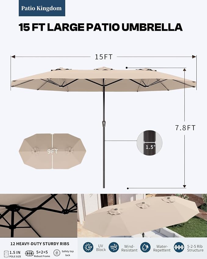 7-Piece Outdoor Dining Set with 15FT Umbrella for 6,White | 75.2'' HDPE table, chairs included, weather-resistant furniture with hole, ideal for lawn, poolside, yard, garden, deck