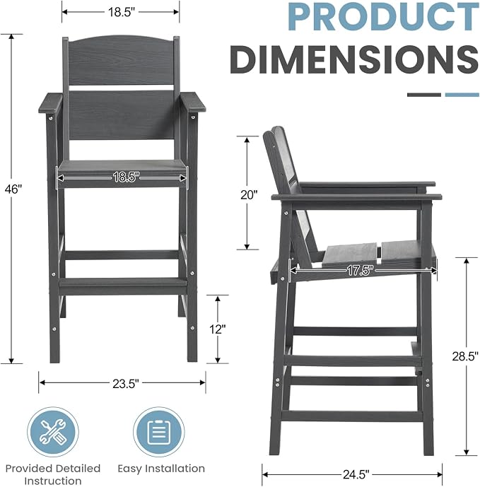 HDPE Outdoor Bar Height Chairs Set of 6, 28.5" Seat All-Weather High Top Patio Stools with Backrest, Heavy Duty Patio Bar Stools with Arms, High Top Outdoor Chairs for Deck/Party/Pool, Grey