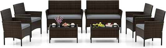 HAPPYGRILL 8 Pieces Outdoor Rattan Conversation Set, Patio Wicker Furniture Set with Loveseat Chairs & Tempered Glass Coffee Table, Outside Sectional Sofa Set for Backyard Garden Poolside