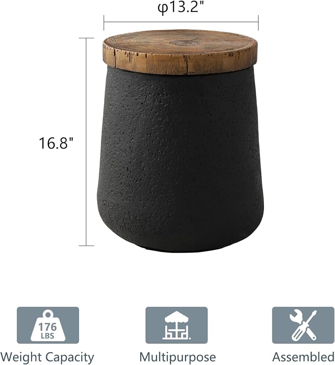 COSIEST Outdoor Side Table Set of 2, 2 Pieces End Table, Cylinder Shaped Patio Side Table, Black Outdoor Concrete Accent Table Stool with Faux-Wood Tree Trunk Slice Top for Outside, Indoor, Garden
