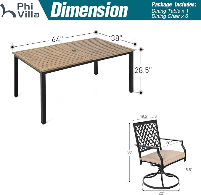 PHI VILLA Patio Dining Set for 6, Swivel Chairs& Wood-Like Table Table | 65" Rectangle Metal Wood-Like Steel Table&Swivel Wrought Iron Chairs,Outside Furniture Set for Patio, Deck, Yard, Porch