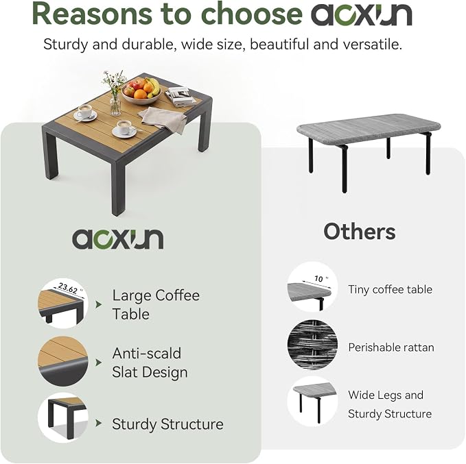 Aoxun Outdoor Aluminum Coffee Table for Patio Furniture Set, Rectangle Outdoor Coffee Table, All-Weather Patio Metal Coffee Table for Balcony, Garden, Deck, Backyard, Silver
