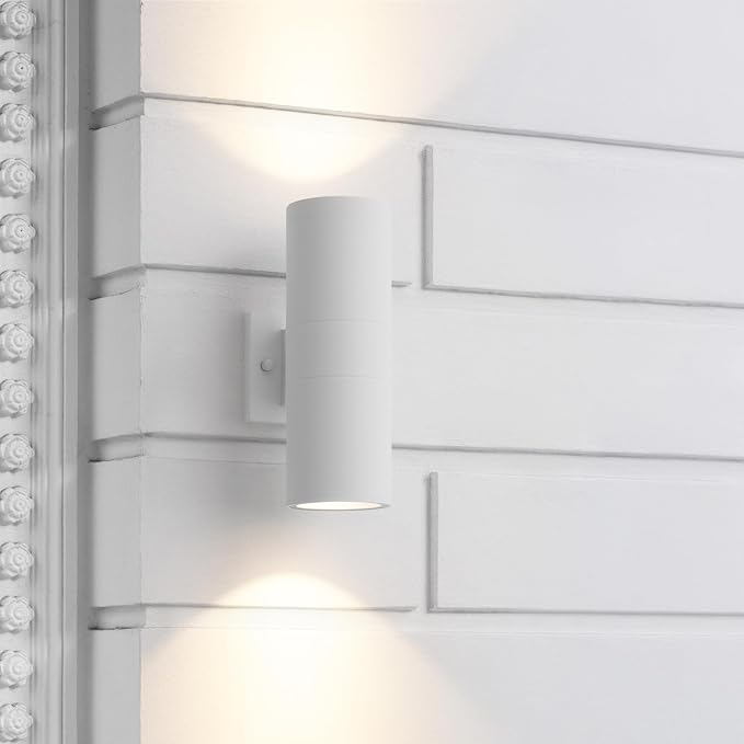 mirrea 12" Modern Outdoor Porch Light in 2 Lights, 2 Pack, Matte White | Aluminum cylinder exterior fixtures, tempered glass cover, waterproof wall sconce & patio light for outdoor use.