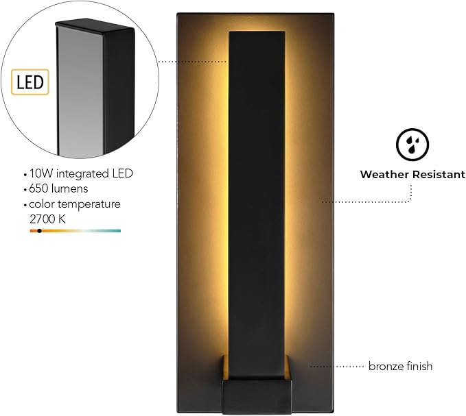 Globe Electric 60000128 10W Integrated LED Outdoor Wall Sconce, Bronze Finish, Modern Rectangle Frame, 650 Lumens, 2700K Warm White, Weather-Resistant, 12-Inch Height
