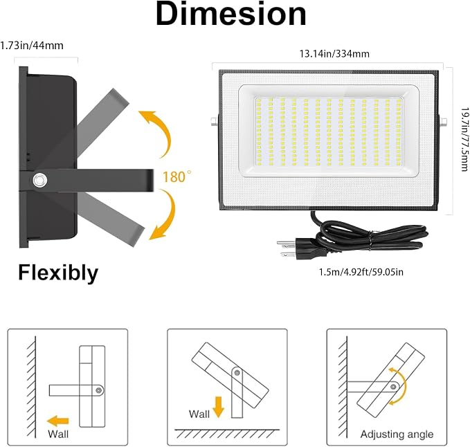 Onforu 200W Flood Lights Outdoor,19000lm Bright LED Work Light with Plug,Daylight White LED Flood Lighting,IP66 Waterproof Security Yard Lights for Yard Garage Stadium 2 Pack