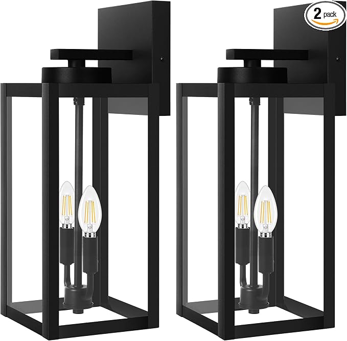 2-Pack 18inch Outdoor Light Fixtures, Waterproof Black Outside Wall Lanterns with Clear Glass, Anti-Rust Exterior Wall Sconces, Front Porch Lights for House Garage Doorway, Bulbs Not Included