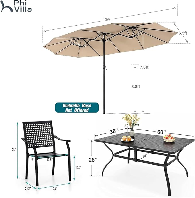 PHI VILLA Outdoor Table Chairs Set w/Umbrella, Patio Metal Furniture for 6 | 60" wrought iron rectangle table & stackable chairs w/ cushions. 13ft beige umbrella. 7 pcs furniture set for deck, porch
