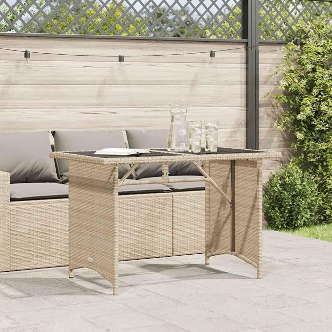 Beige Garden Table Rectangular with PE Rattan, Powder-Coated Steel Frame, and Tempered Glass Top for Outdoor Dining