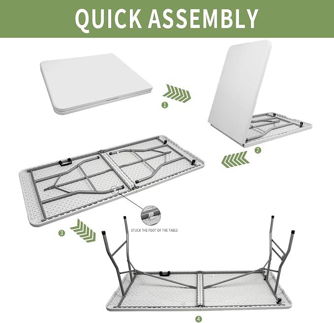 Folding Table, Portable Foldable Table 6 Ft, Square Plastic Dining Table, Folding Camping Table for Outdoor Picnic Dining, White