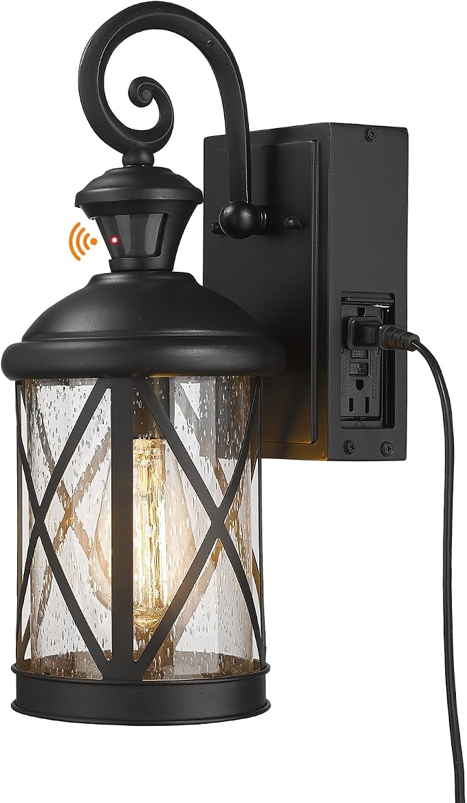 Darkaway Motion Sensor Outdoor Wall Light, Dusk to Dawn Outdoor Porch Light with GFCI Outlet Waterproof Exterior Wall Sconce with Seeded Glass Black Wall Mount Lighting Fixture for House Patio Garage