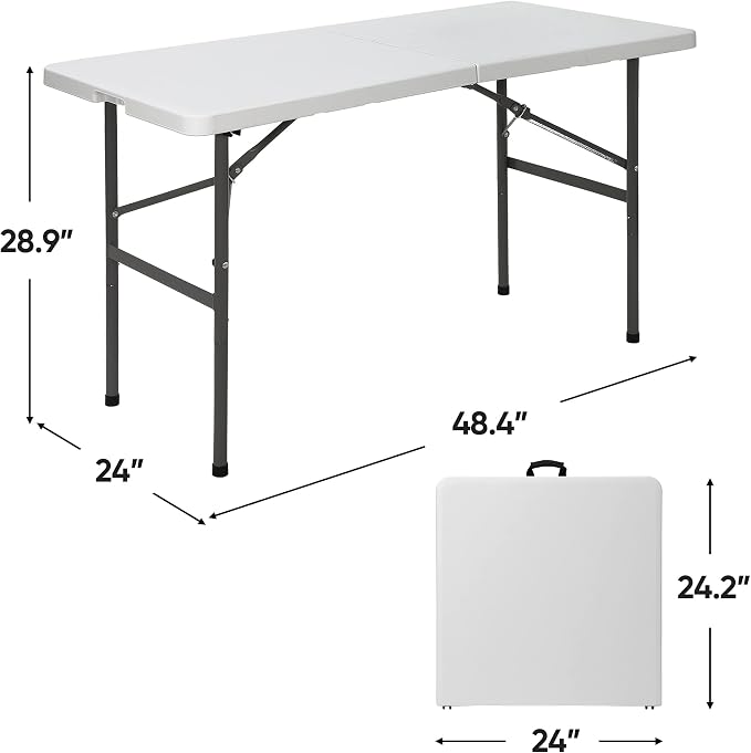 Folding Event Table, Heavy Duty Picnic Table Indoor Outdoor Camping, 4FT Portable w Handle Lock for Banquet, White