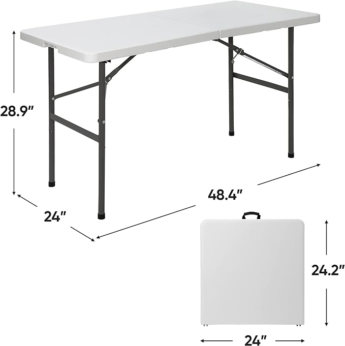 JupiterForce 4ft Folding Table, Indoor Outdoor Portable Plastic Picnic Table, Heavy Duty Rectangular Party Camping Dining Table with Carrying Handle, White