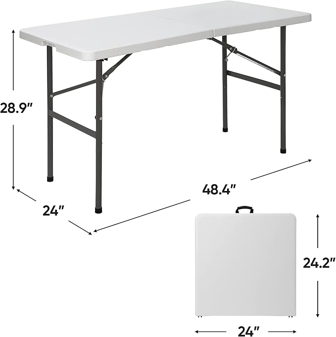 ZenStyle 4 ft Indoor Outdoor Heavy Duty Plastic Folding Table Portable Picnic Table Fold-in-Half Utility Table w/Handle and Steel Legs for Camping, Dining, Party, White