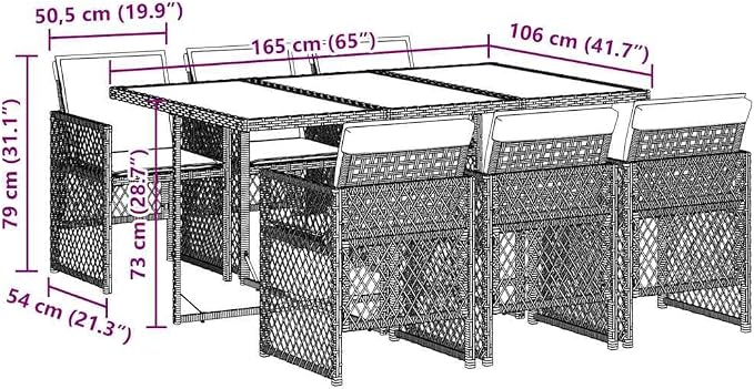 7-Piece Black Rattan Patio Dining Set with Cushions | Features a tempered glass table and 6 folding chairs, designed for backyard, balcony, and deck dining.
