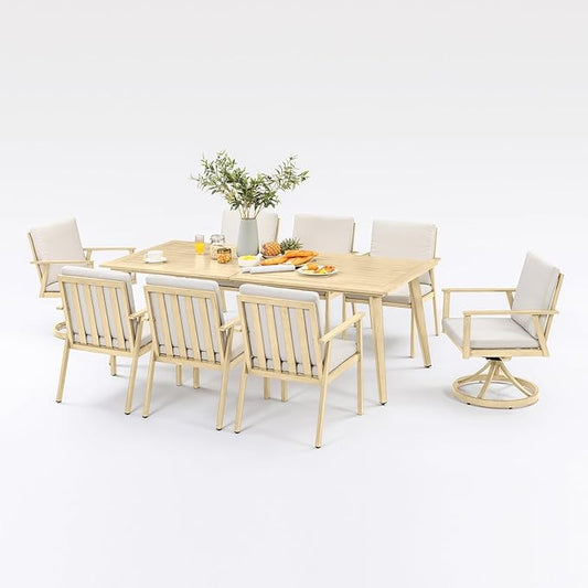 9 Pieces Outdoor Dining Set for 8, Never-Rust Aluminum Patio Dining Set with 2.2" Umbrella Hole, Outdoor Patio Furniture Set with 2 Swivel Chairs for Decks, Garden, Backyard, Maple Wood