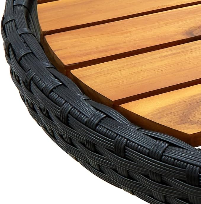 Black PE Rattan Round Folding Tea Table Solid Acacia Wood Compact Foldable Outdoor Indoor Use Rustic Style Balcony Garden Furniture