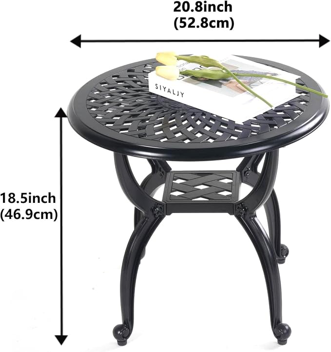 Round Outdoor Coffee Table, Cast Aluminum Side Table with Storage,Indoor End Table, All-Weather Bistro Table for Patio Garden Lawn,Black