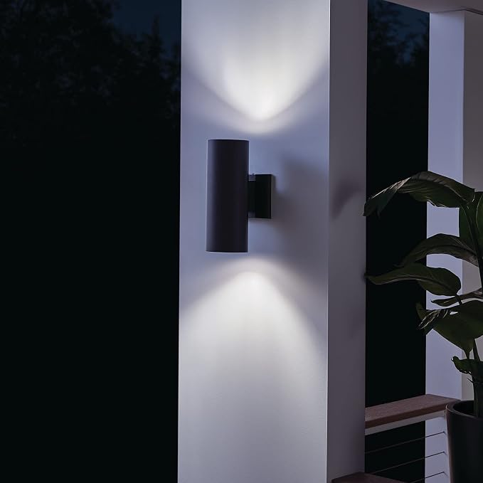 Kichler Cylinders 12" Outdoor Wall Sconce in Black, 2-Light Exterior Wall Light, Cylinder Fixture, (12" H x 5" W), 9244BK (Pack of 2)