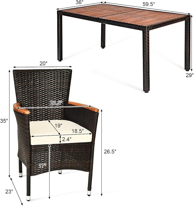7 Pieces Patio Wicker Dining Set Outdoor Dining Set, Patio Furniture Set with Acacia Wood Table and Chairs, Garden Dining Table Set for Desk, Poolside, Backyard (Brown)