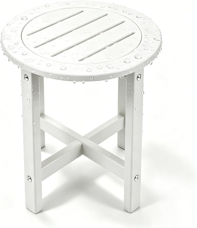Small Outdoor Side Table 15.94" HDPE Round Adirondack End Table | Storage Shelf, Plant Stand, Weather Resistant, Easy to Clean & Use, Not prone to fading, for Patio, Backyard, Deck, White
