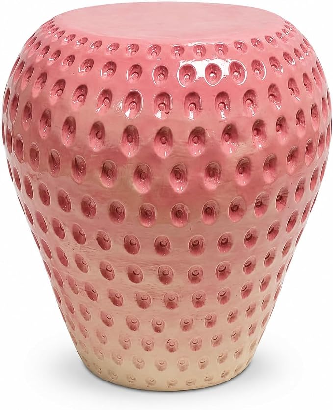 13.4" Pink Strawberry Outdoor Garden Stool, Funky Fruit Side Table Indoor, Vibrant Table Home Decor Plant Stand Garden Indoor Outdoor Decorations