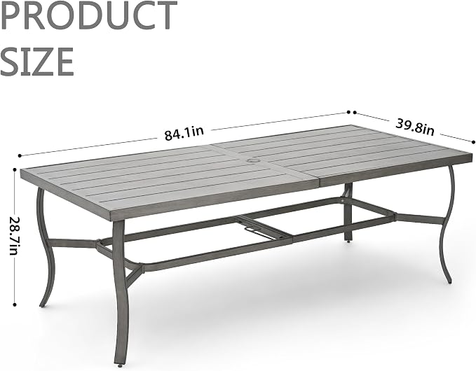 8-Person Outdoor Dining Table, Aluminum Large Rectangle 84.1"×39.8" Outdoor Dining Table with 2.2" Umbrella Hole, Rustproof Aluminum Patio Dining Table for 8, Grey