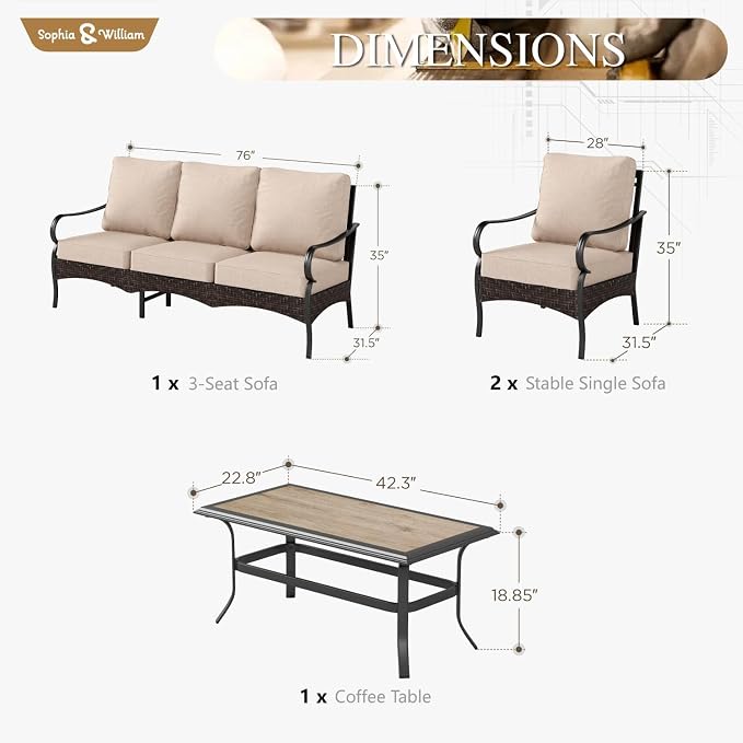 Sophia & William Patio Furniture Set, 4 Piece Metal Outdoor Conversation Set with 3-Seater Outdoor Couch, 2 Sofa Chairs, 1 Coffee Table for Outdoor Seating, Backyard, Porch(Beige)