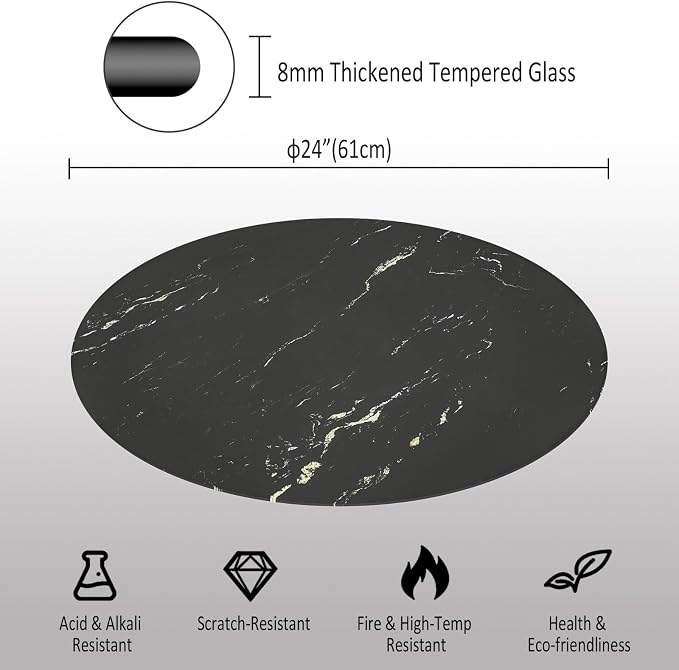 24 Inch Round Black Marble Glass Table Top, 8mm Thick Tempered Glass Tabletop for Dining Tables, Coffee Tables, Patio Tables