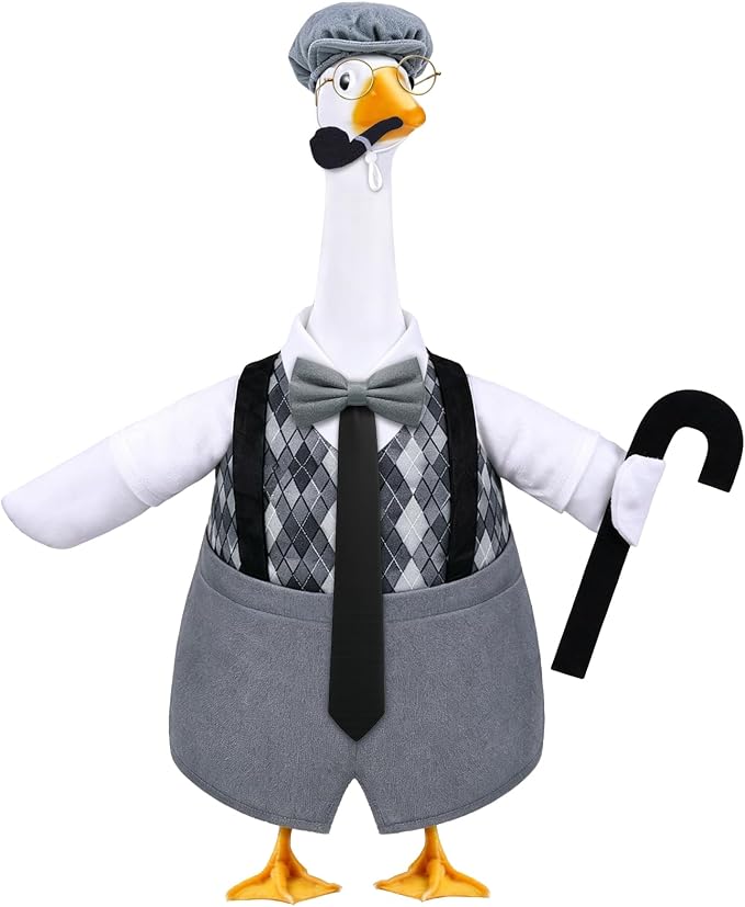 Celltestria Old Man Goose Outfits Grandpa Goose Costume Black Gray Plaid Geese Clothes with Walking Stick Pipe for 23'' Geese Holiday Outdoor Lawn Patio Yard Garden Decor