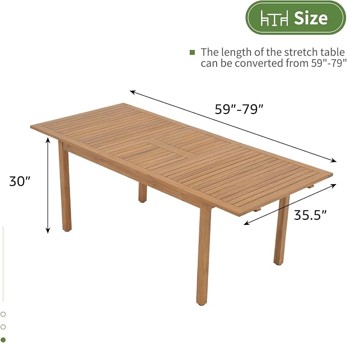 OC Orange-Casual 6-8 Person Extendable Solid Dining Table, 59''-79'' Indoor Outdoor Acacia Wood Rectangular Table for Home Kitchen Deck, FSC Certified Wood