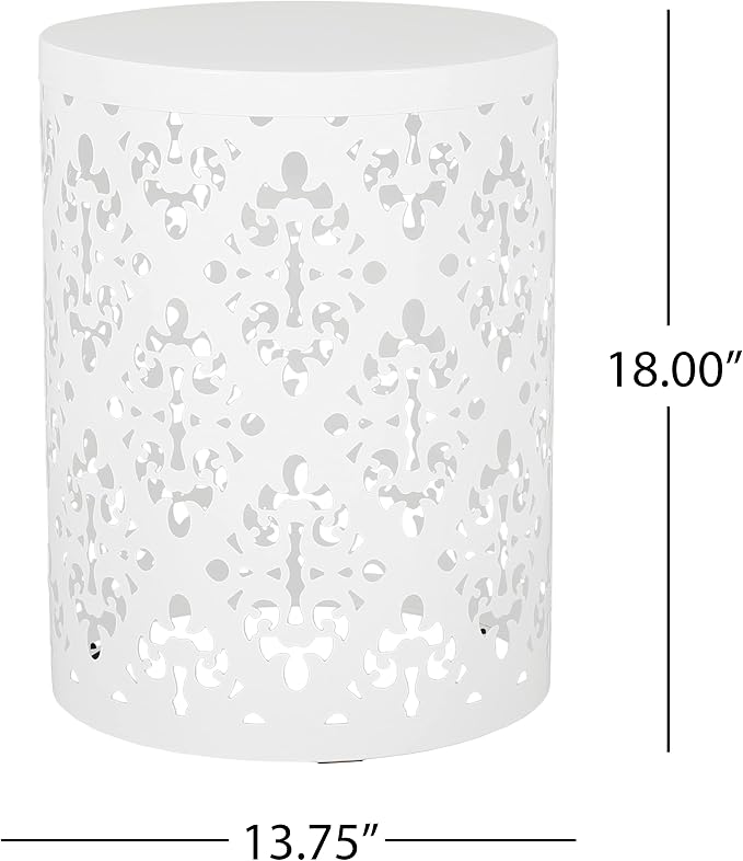 14" Cylindrical Side Table with Floral Iron Cut, Stylish End Table with Powder-Coated Iron, Practical Accent Table with No Assembly for Outdoor Patio Garden, White