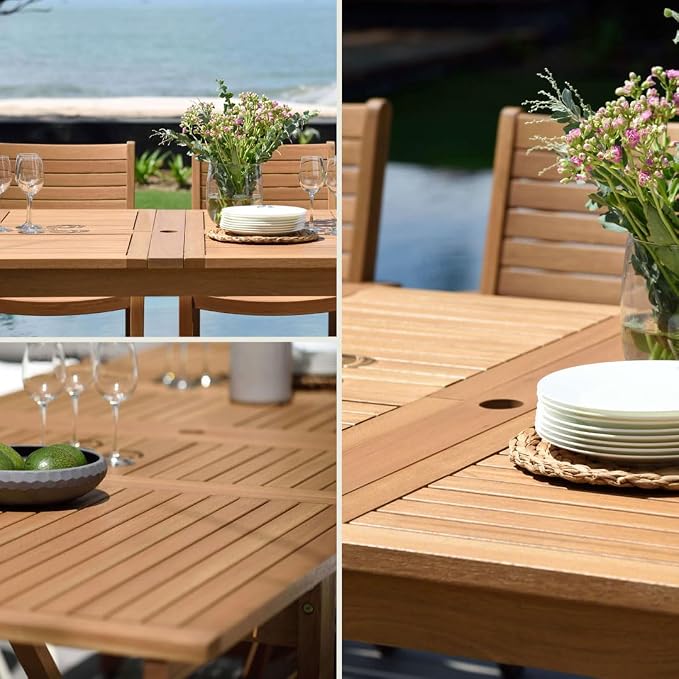 Urban Elements Frida Rectangular Extendable Patio Furniture Set | 100% Certified Teak Finish | Backyard Furniture, Outside Table and Chairs, Rectangular Outdoor Dining Set (White, 9-Piece)