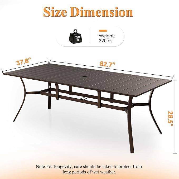 Rectangle Patio Dining Table, 8-Person Metal Outdoor Patio Table with Adjustable Umbrella Hole, Weather-Resistant for Garden Backyard Porch, Dark Brown