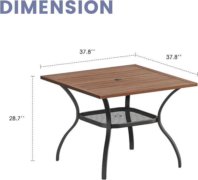 VICLLAX Outdoor Patio Dining Table for 4, Square Patio Table with Umbrella Hole for Patio Lawn Deck Backyard, Walnut Tabletop