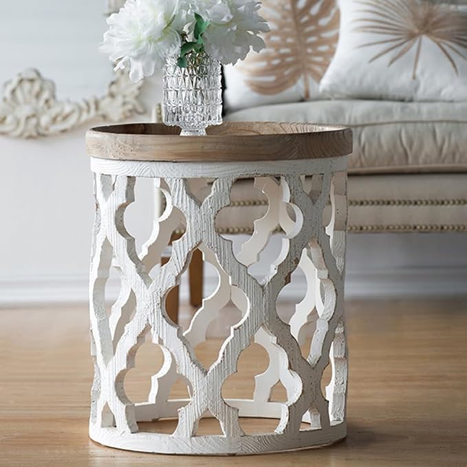Patio Outdoor Round Side Table Rustic Farmhouse Circle End Table for Living Room Distressed White