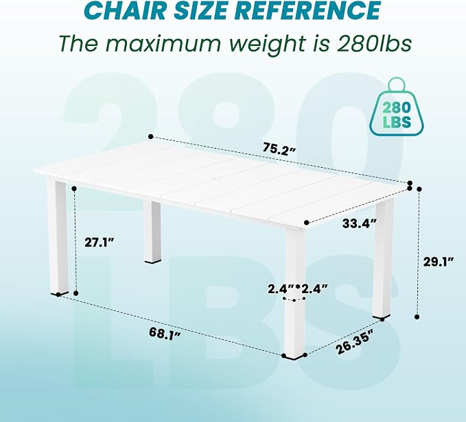 LOUNZY 75.2" HDPE Rectangle Outdoor Dining Table for 8, Oversized Patio Dining Table w/ 2" Umbrella Hole,White