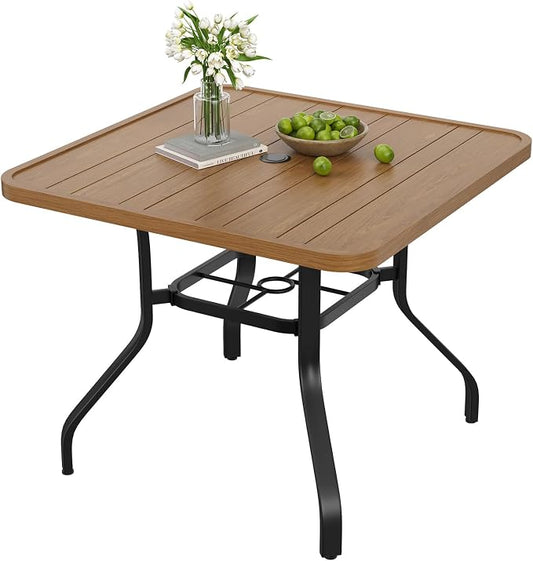 Soohow Outdoor Patio Dining Table with 1.57" Umbrella Hole, 35"x35" Wood-Like Texture, All-Weather Metal Frame for Poolside, Deck, Porch