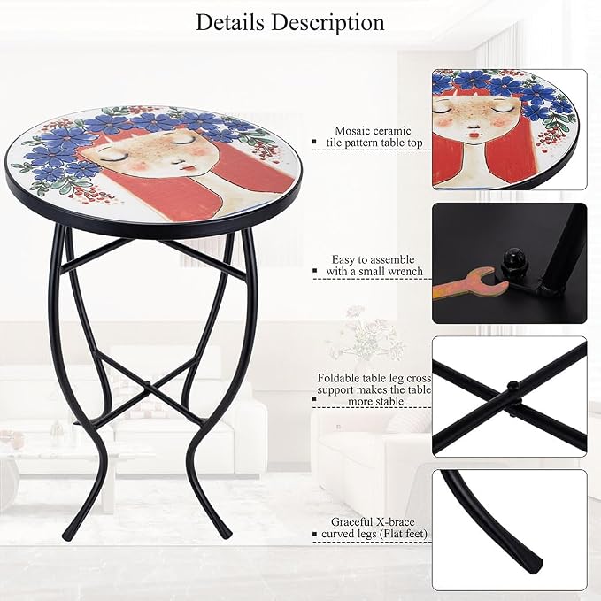 14 Inch Mosaic Patio Side Table with X-Curved Legs, Indoor Outdoor Accent Round End Table with Ceramic Tile Tops for Yard, Garden, Living Room, Bistro, C - Red Hair Girl