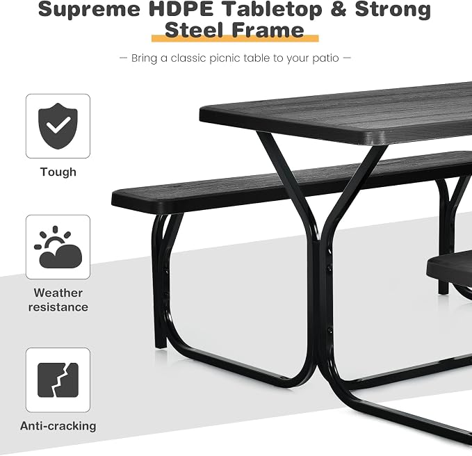 DORTALA Plastic Picnic Table for Outdoors, All Weather Faux Wood Patio Picnic Table Set with Benches for Outdoor, Cafeteria and Commercial, Black
