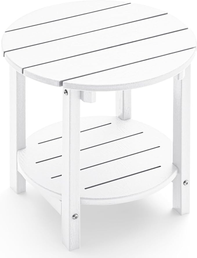 Outdoor Side Table, Adirondack Round 2-Tier Patio Table, Easy Maintenance & Weather Resistant, HDPE End Table for Backyard, Pool, Patio, Porch, White