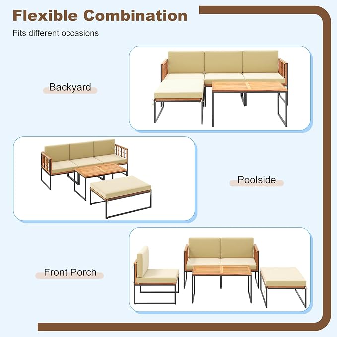 Tangkula 5 Piece Patio Furniture Set, Acacia Wood Sectional Set with Heavy-Duty Metal Frame, Comfy Seat & Back Cushions, Outdoor Wood Conversation Chair Set for Poolside, Porch, Backyard (Beige)