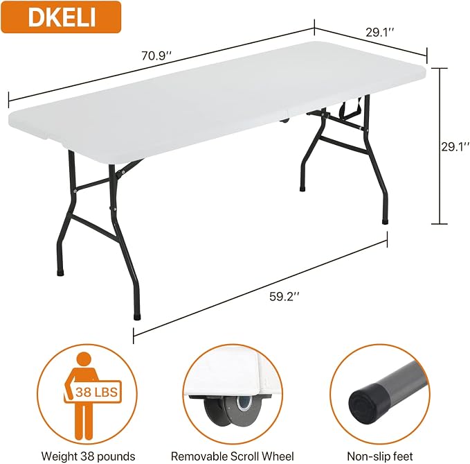 Dkeli Folding Table | 6 ft Folding Picnic Table Portable | Heavy Duty Dining Table | Fold in Half with Handle and Sturdy Steel Frame for Outdoor Indoor Camping, Picnic and Party, White