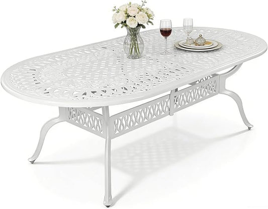 MEETWARM Outdoor 84" Oval Patio Dining Table, All Weather Cast Aluminum Large Patio Furniture Table Fits for 6-8 Person with 2" Umbrella Hole, White
